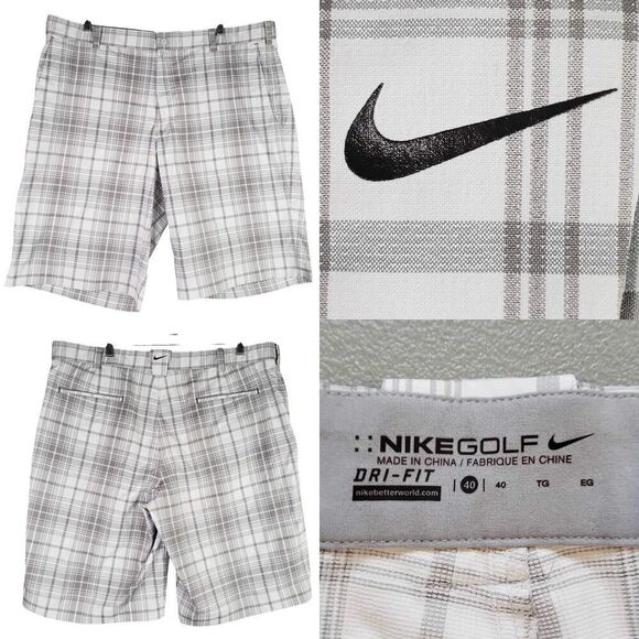 Nike Golf Shorts Tech Men’s 40 Dri-Fit Gray Plaid Flat Front Chino Performance - Picture 1 of 11